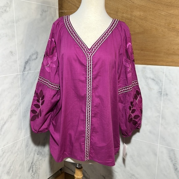 NWT Charter Club Cotton Embroidered Bubble-Sleeve Top size XL - Picture 1 of 16